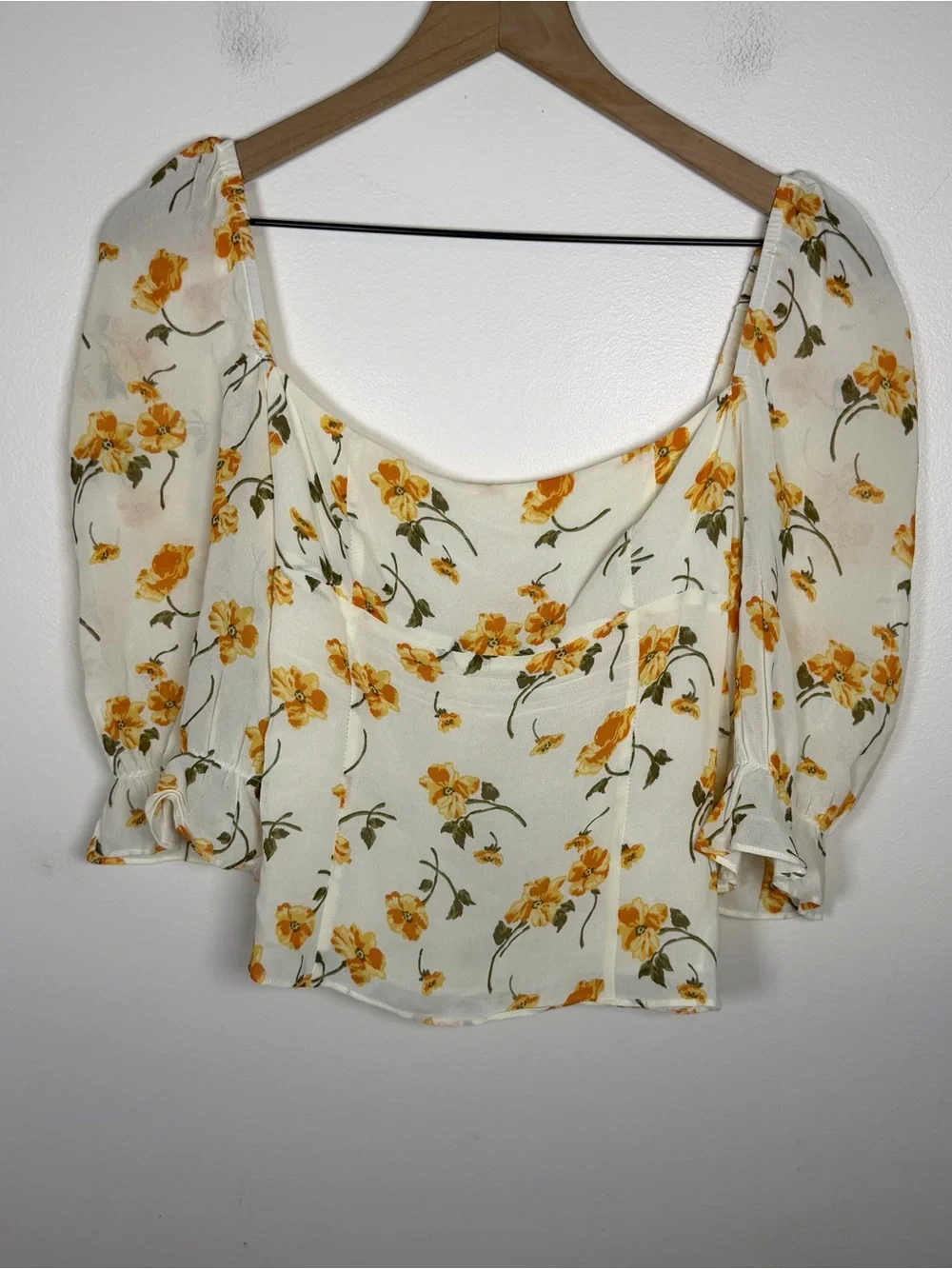 Reformation Georgia Square Neck Top White Floral Size 6 Puff Sleeve Boho Summer